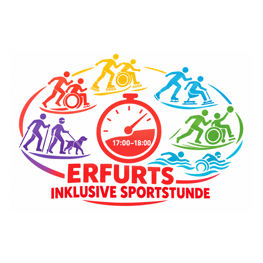 Buntes Logo ERFURT’S INKLUSIVE SPORTSTUNDE mit Stoppuhr 17 bis 18 Uhr und Sportpaaren